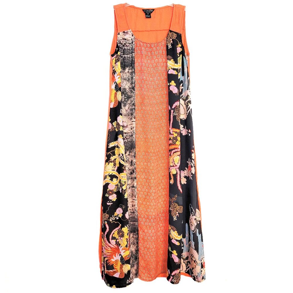 Citron Santa Monica Silk Crepe Sleeveless Mixed Media Maxi / Midi Dress